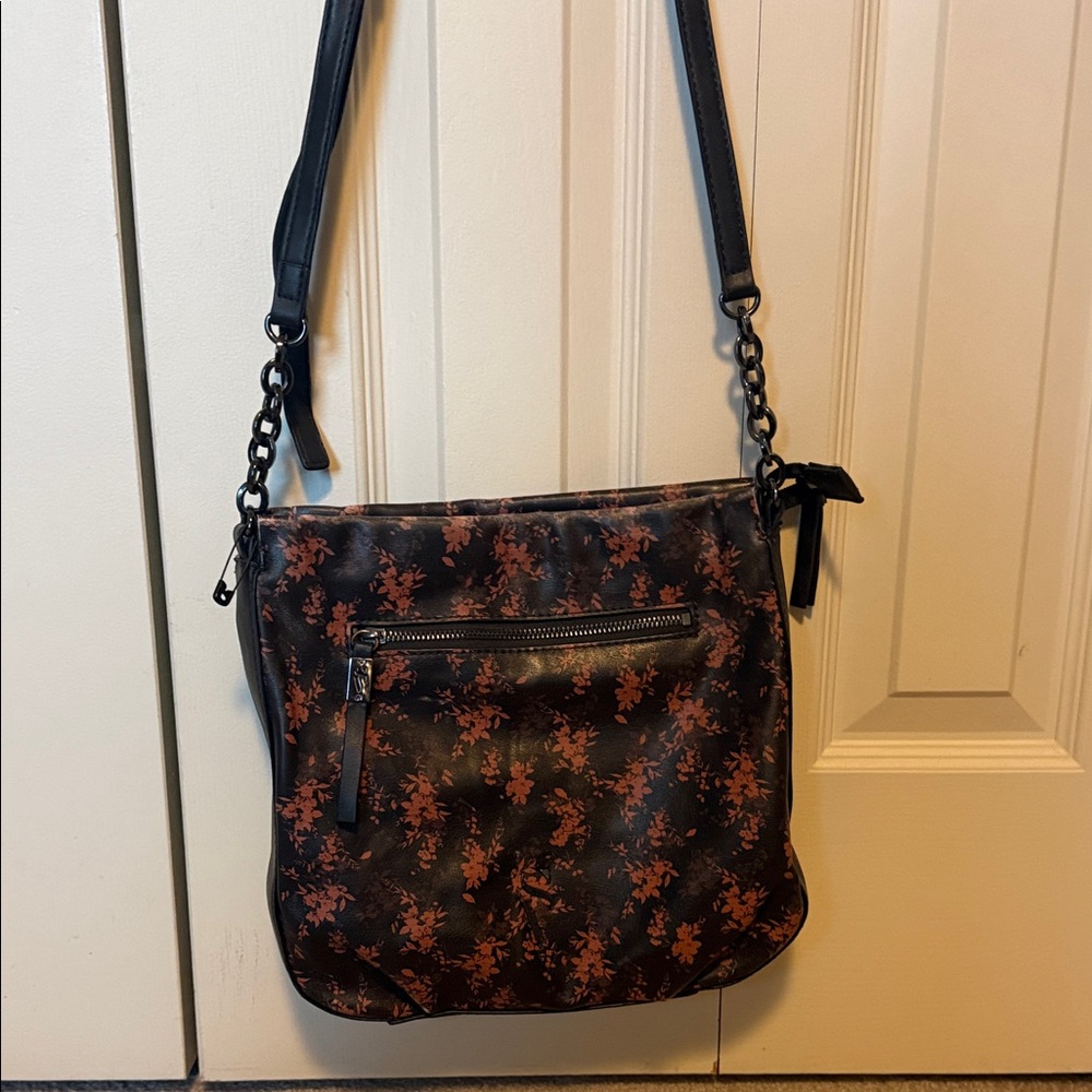 Black Crossbody Bag with Rust Floral Print